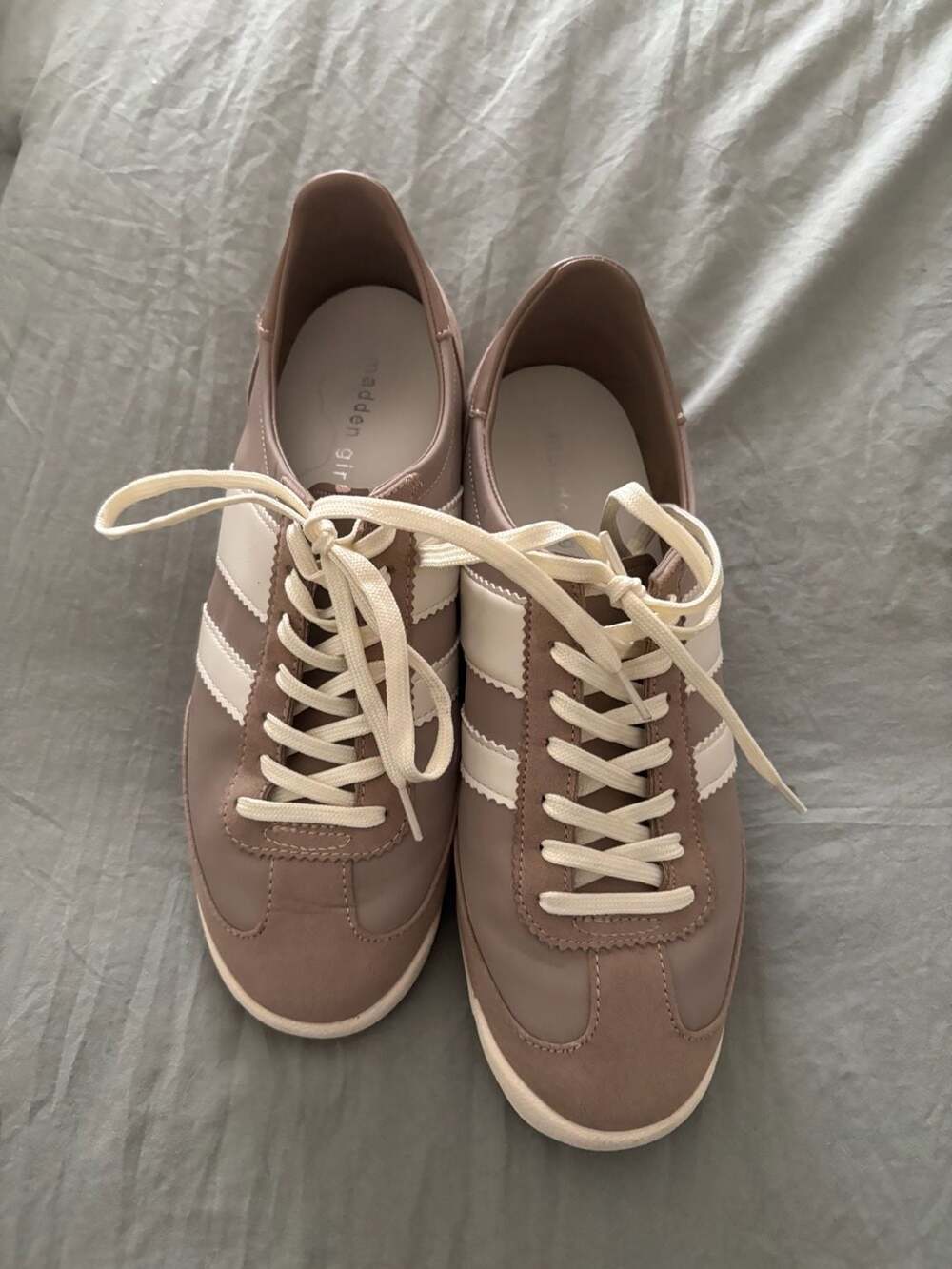 Madden Girl Jumper Taupe White Striped Lace Up Women's Low Top Sneakers